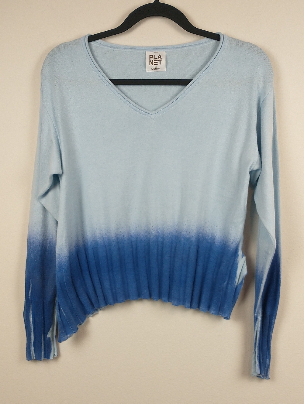 PLANET by Lauren G Pima Cotton Cropped V Neck Sweater One Size Blue